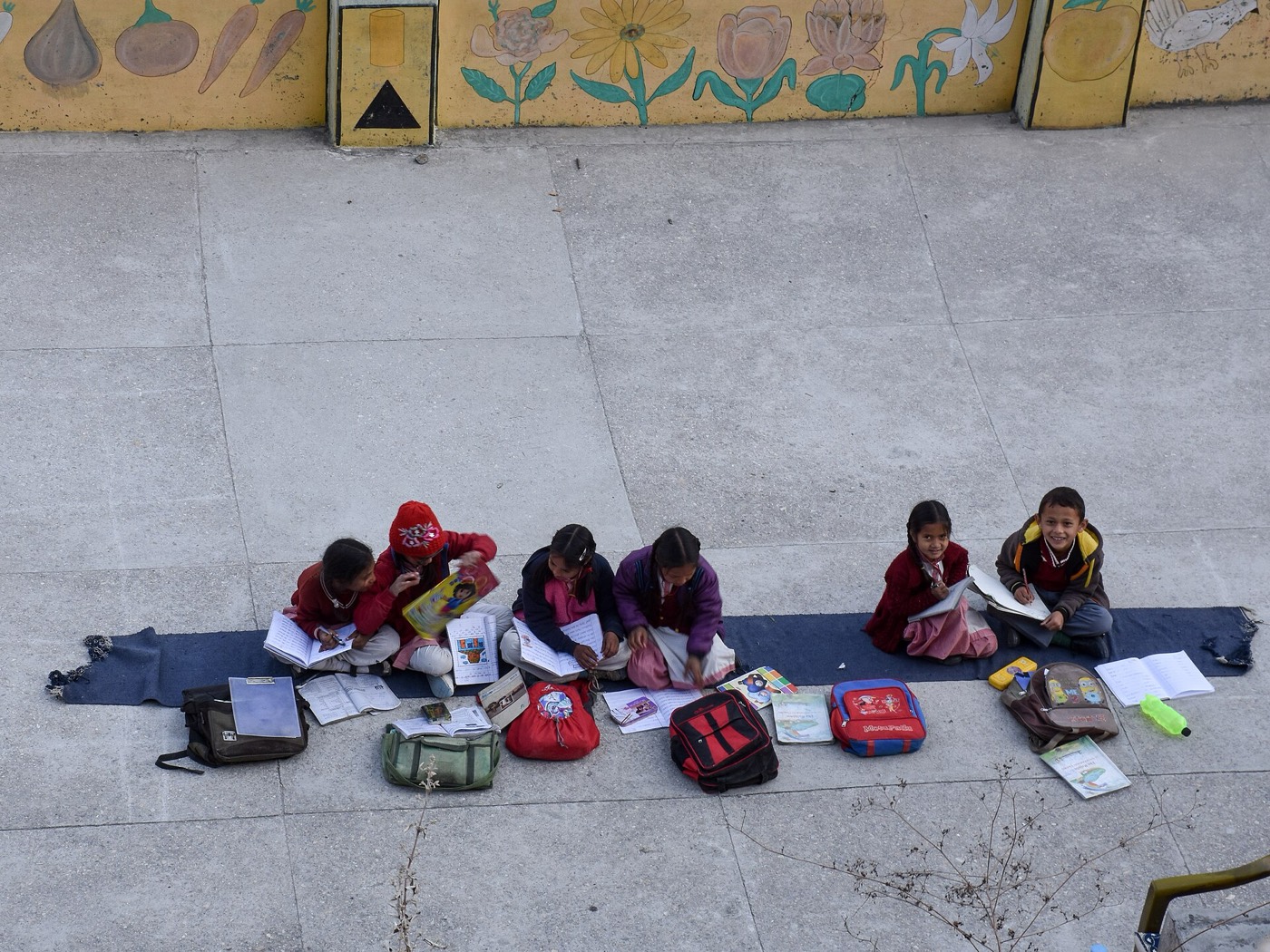 Schoolchildren studying together with books and school bags, seen from above
